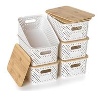 HapiLeap Plastic Storage Baskets With Bamboo Lid, Stackable Plastic Storage Boxes for Organizing Pantry Shelves Drawers Desktop Closet Playroom Classroom Office, 6 Pack (White)