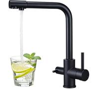 Hapilife 3 Way Kitchen Tap, Matt Black 3 in 1 Water Filter Taps for Sink, Brass Triflow Kitchen Mixer Tap with Drinking Water Outlet, Dual Lever Square Modern Faucets 360° Swivel
