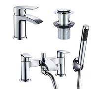 Hapilife Basin and Bath Mixer Taps with Shower Attachment Set Slotted Pop up Waste Waterfall Bathroom Sink Taps Cloakroom Bathtub Tub Filler Tap Mixers Monobloc Chrome Brass Bathroom Tap Set