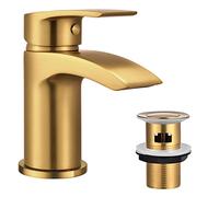 Hapilife Basin Mixer Taps Waterfall with Slotted Pop up Waste Bathroom Sink Tap Mixers Brushed Gold Brass with G1/2’’ Hoses 1 Hole Cloakroom Faucet with Click Clack Waste with Overflow Mono Monobloc