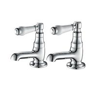 Hapilife Basin Pillar Taps Pair Mixers Victorian Traditional Twin Bathroom Sink Tap White Ceramic Lever Two Cloakroom Tap Chrome 2 Holes Mono Hot and Cold Water G1/2’’