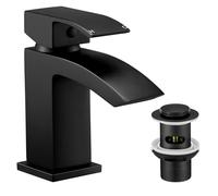 Hapilife Basin Taps Mixer Waterfall with Pop-up Waste Black Bathroom Sink Taps Mixers Square Matte Black Mono Cloakroom Faucet Monobloc 1 Hole with Slotted Waste Click Clack Single Lever