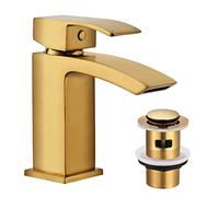Hapilife Basin Taps Mixer Waterfall with Pop-up Waste Brushed Gold Bathroom Sink Taps Mixers Square Gold Mono Cloakroom Faucet Monobloc 1 Hole with Slotted Waste Click Clack Single Lever