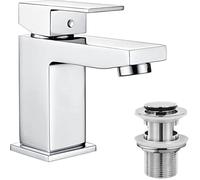 Hapilife Basin Taps Square with Pop up Waste Bathroom Sink Mixer Taps with UK Standard Hoses, Single Lever Hot and Cold Basin Mixer Tap for Bathrooms