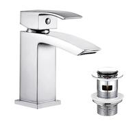 Hapilife Basin Taps Waterfall with Pop up Waste Slotted Square Bathroom Sink Mixer Tap with G1/2 UK Standard Hoses Single Lever Mono Monobloc Modern Cloakroom Faucet 1 Hole
