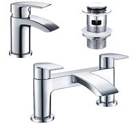 Hapilife Bath Tap and Basin Mixer Tap Set with Slotted Pop up Waste Waterfall Bathroom Sink Taps Cloakroom Bathtub Tub Filler Tap Mixers Monobloc Chrome Brass Bathroom Taps Set Click Clack Modern