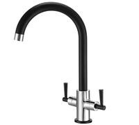 Hapilife Black and Chrome Kitchen Tap Dual Lever Swan Neck Monobloc | 360° Swivel Kitchen Mixer Taps 1 Hole | Solid Stainless Steel & Brass | No-splash Water-saving Aerator | Easy Fit