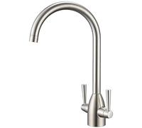 Hapilife Brushed Steel Kitchen Tap Dual Lever Monobloc 37CM Tall Swan Neck | 360° Swivel Kitchen Mixer Tap Brushed Nickel, Solid Rustproof Brass, High Arc Taps for Double Sinks, Easy 1 Hole Install