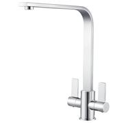Hapilife Kitchen Mixer Taps 1 Hole Chrome, Dual Lever L-Shape Kitchen Sink Faucet with 360° Swivel Spout, Stainless Steel Monobloc Modern Sink Tap Easy DIY Install Standard UK Fittings