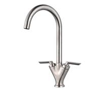 Hapilife Kitchen Tap Brushed Steel Monobloc Dual Lever 360° Swivel Spout | Swan Neck Kitchen Mixer Taps 1 Hole | Brass Brushed Nickel Finish | Easy Fit Sink Tap for Vintage Country Traditional Kitchen