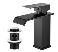 Hapilife Matt Black Basin Mixer Tap with Pop Up Waste, Modern Waterfall Tap | Modern Square Design, Monobloc Bathroom Sink Tap, Single Lever Faucet, Slotted Waste, Stainless Steel, UK Standard G1/2 Hoses