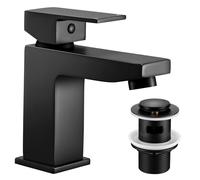 Hapilife Matt Black Basin Mixer Tap with Slotted Pop Up Waste, Square Solid Brass Bathroom Sink Mixer Tap with Drain, Single Lever Cloakroom Faucet Monobloc Modern Washbasin Tap