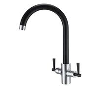 Hapilife Matte Black and Chrome Kitchen Sink Mixer Tap 1 Hole Dual Lever Swan Neck Kitchen Sink Taps Stainless Steel Monobloc Faucet 360° Swivel Spout