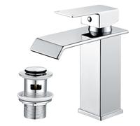 Hapilife Waterfall Bathroom Taps with Pop Up Waste - Square Sink Mixer Tap | Chrome Mono Basin Mixer Tap, Single Lever, Spa-Like Cascade, Slotted Waste for Overflow Basin, Stainless Steel, UK G1/2 Hoses