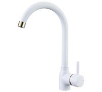 Hapilife White Kitchen Taps Mixer Single Lever White Kitchen Sink Mixer Tap 1 Hole with Gold Accents 360° Swivel Spout Modern Monoblock Hot Cold Faucets with UK Standard Fittings