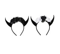 HAPINARY 2pcs Halloween Skull Skeleton Horn Headbands Artificial Flowers, Black Gray and White Black Gray Color, Devil Horn Headdress for Cosplay Party and Costume Accessories