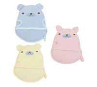 HAPINARY 3pcs Toddler Bath Towels and Body Rubbing Gloves Set, Cartoon Animal Design, Portable Foaming Shower Scrubbers for Baby Bathing, Soft Sturdy Fabric, Yellow Blue Pink