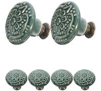 HAPINARY 6Pcs Ceramic Cabinet Knobs Set, Embossed Graphite Green Porcelain Pulls for Kitchen Cupboard, Wardrobe Doors and Bathroom Drawers, Rust Resistant Decorative Hardware