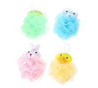 HAPINARY Cartoon Bath Loofah Sponge 4pcs Pack with Animal Designs Yellow Duck Pink Rabbit Green Frog Blue Bear Infant Bath Pouf for Boys and Girls’
