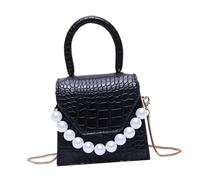 HAPINARY Mini Crossbody Bag Handbag Shoulder Purse Pearl Chain PU Leather Easy Clean Black for Girls Women Lady