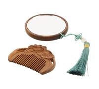 HAPINARY Wood Hand Mirror and Comb Vintage Hand-carved Compact Mirror with Hanging Tassel for Travel Home Office Daily Grooming