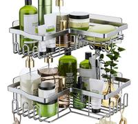 HapiRm Corner Shower Caddy Silver - Shower Caddy Corner Shelves with 11 Hooks, Shower Organiser for Razor soap & shampoo, Bathroom & Kitchen Storage Bath Accessories Stainless Steel, 6 Sticker, 2 pcs