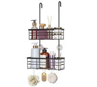 HapiRm Hanging Shower Caddy Organiser - 2 Tier Over Door Shower Caddy with Hooks, No Drilling Shower Organiser with Portable Pole, Rustproof 304 Stainless Steel Bathroom Hanging Storage- Black