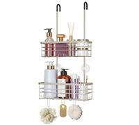 HapiRm Hanging Shower Caddy Organiser - 2 Tier Over Door Shower Caddy with Hooks, No Drilling Shower Organiser with Portable Pole, Rustproof 304 Stainless Steel Bathroom Hanging Storage
