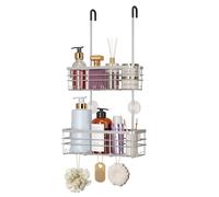 HapiRm Hanging Shower Caddy Organiser - 2 Tier Over Door Shower Caddy with Hooks, No Drilling Shower Organiser with Portable Pole, Rustproof 304 Stainless Steel Bathroom Hanging Storage