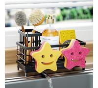 HapiRm Kitchen Sink Caddy Black- Self-draining Sponge Holder with Smiley Face and Brush Holder, Rustproof 304 Stainless Steel Kitchen Sink Organiser for Countertop Storage & Organisation