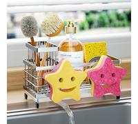 HapiRm Kitchen Sink Caddy Organiser - Self-draining Sponge Holder with Smiley Face and Removable Brush Holder, Stainless Steel Sink Tidy Organiser for Countertop Kitchen Storage & Organisation, Silver