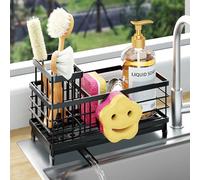 HapiRm Kitchen Sink Caddy Organiser - Self-draining Sponge Holder with Smiley Face and Removable Brush Holder, Stainless Steel Sink Tidy Organiser for Countertop Kitchen Storage & Organisation