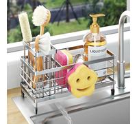HapiRm Kitchen Sink Caddy Organiser - Self-draining Sponge Holder with Smiley Face and Removable Brush Holder, Stainless Steel Sink Tidy Organiser for Countertop Kitchen Storage & Organisation