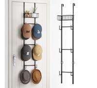 HapiRm Over Door Hat Rack- 3 Tier Wall Mounted Baseball Cap Storage with 6 Hooks and Metal Basket Design, Hat Organiser Holder Up to 32 Caps for Door, Bedroom, Closet