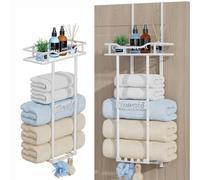 HapiRm Over Door Towel Rack - Towel Rack Wall Mounted with Metal Shelf Basket and Hooks, Space-Saving Bathroom Towel Storage, Multi-Functional Bathroom Accessories, White