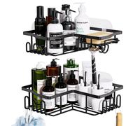 HapiRm Shower Caddy Bathroom Corner Shelves with Soap Dish Holder, Bathroom Storage with 11 Hooks for Hanging Razor, Shower Ball, Towel, Black