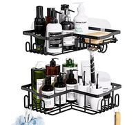 HapiRm Shower Caddy Bathroom Corner Shelves with Soap Dish Holder, Bathroom Storage with 11 Hooks for Hanging Razor, Shower Ball, Towel, Black