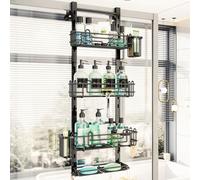 HapiRm Shower Caddy Hanging - 4 Tier Over Door Shower Shelf, Bathroom Storage with 22 Hooks and 2 Toothbrush Holders, No Drilling Adjustable Bathroom Shelf - Black