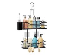 HapiRm Shower Caddy Hanging Organiser - 2 Tier Bathroom Caddy Organiser with 360° Rotatable Top Hook and 4 Hooks, Black Rustproof Shower Shelf Hanging for Shampoo, Conditioner, and Bathroom Storage