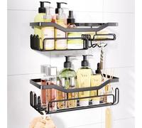 HapiRm Storage Shower Shelves, Shower Caddy organiser with 11 Hooks, Shelf with Razor Holder,Soap Dish,Towel Hook Bathroom Accessories Black,3 Sticker,2 pcs