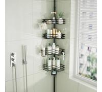 HapiRm Telescopic Shower Caddy Corner - Tension Bathroom Corner Shelves with Soap Holder, Toothbrush Holder and 4 Hooks, Height Adjustable Stainless Steel Shower Caddy for 27.6 to 108.3 Inch - Black