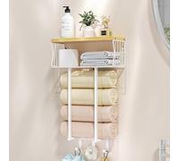 HapiRm Towel Rack Wall Mounted - Multi-Functional Storage Rack with Hooks, Space-Saving Towel Storage for Accessories, Suits Bathroom or Toilet, White