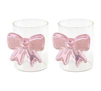 Hapivida 2 Pack Pink Bow Juice Glasses, 300ml Aesthetic Wine Glass Handblown Stemless Cocktail Cup for Birthday Wedding Party Supplies