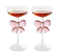 Hapivida 2 Pcs Bow Martini Glass, 300ml Clear Crystal Champagne Glass Aesthetic Wine Glasses with Pink Bow Handblown Stemless Cocktail Cup for Birthday Wedding Party Supplies