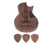 Hapivida Guitar Pick Box Holder with 3 Wooden Picks, Engraved Collector Case for Guitar Accessories Storage RPC-4, Walnut Solid Wood Magnetic Closure Design for Musicians Gifts