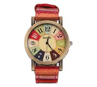 Hapivida Hippie Women's Watch, Multicolour Bohemian Design Brass Case with PU Leather Strap Adjustable Wrist Size Button Battery Operated Timepiece for Birthday Party Gift Women's (Red)