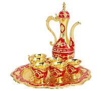 Hapivida Vintage Tea Set, Moroccan Engraved Teapot Set Luxury Metal Coffee Cup Set with Golden Trim Elegant Turkish Coffee Service Set with Tray for Tea Party, Wedding (Red)