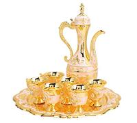 Hapivida Vintage Tea Set, Moroccan Engraved Teapot Set Luxury Metal Coffee Cup Set with Golden Trim Elegant Turkish Coffee Service Set with Tray for Tea Party, Wedding (Pink)
