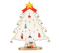 Hapivida Wooden Christmas Tree Desktop Ornament with 8 Bells and 7 Pendants, Plane Tree Design Tabletop Holiday Decor for Home Office Party Xmas Decoration (White)