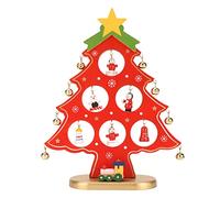 Hapivida Wooden Christmas Tree Desktop Ornament with 8 Bells and 7 Pendants, Plane Tree Design Tabletop Holiday Decor for Home Office Party Xmas Decoration (Red)